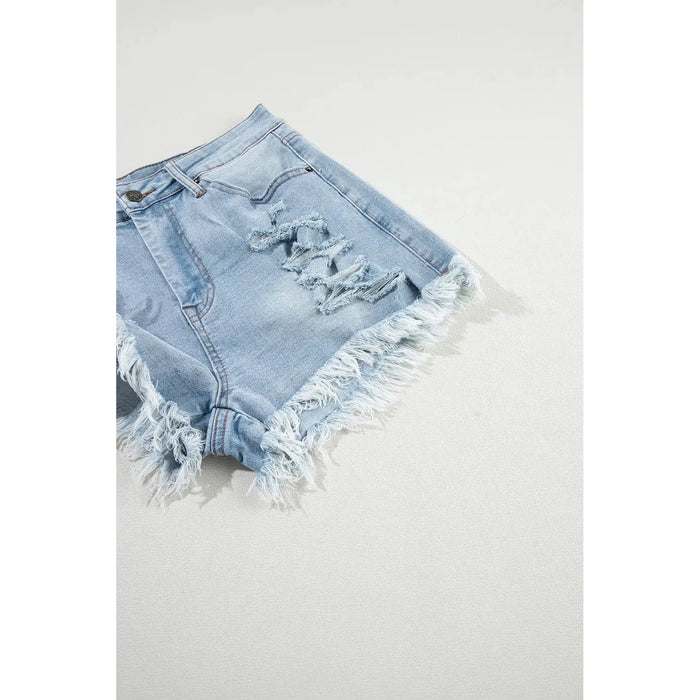 Light Blue Distressed Ripped Raw Hem High Waist Denim Shorts