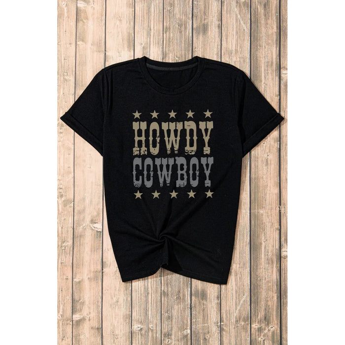 Black HOWDY COWBOY Star Print Crew Neck Loose T Shirt