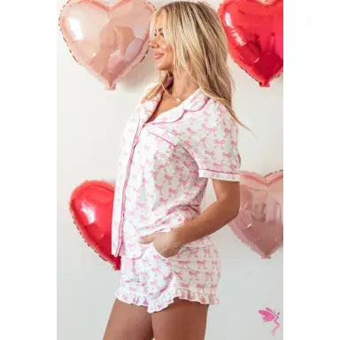 Pink Bowknot Printed Short Sleeve and Ruffled Shorts Valentines Pajama Set