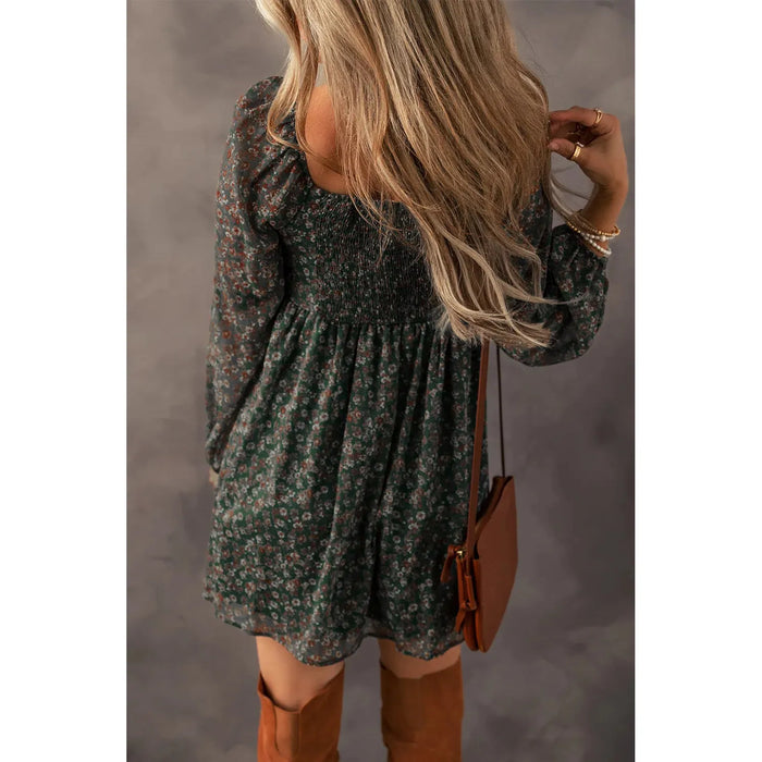 Green Floral Print Sweetheart Neck Shirred Back Mini Dress