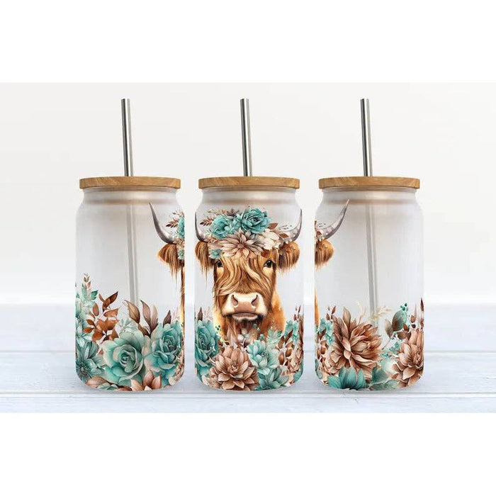 Highland Cow Western Turquoise 16oz Libbey Glass Tumbler