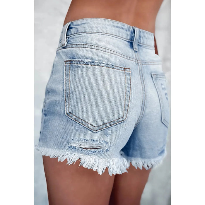 Light Blue Distressed Ripped Raw Hem High Waist Denim Shorts