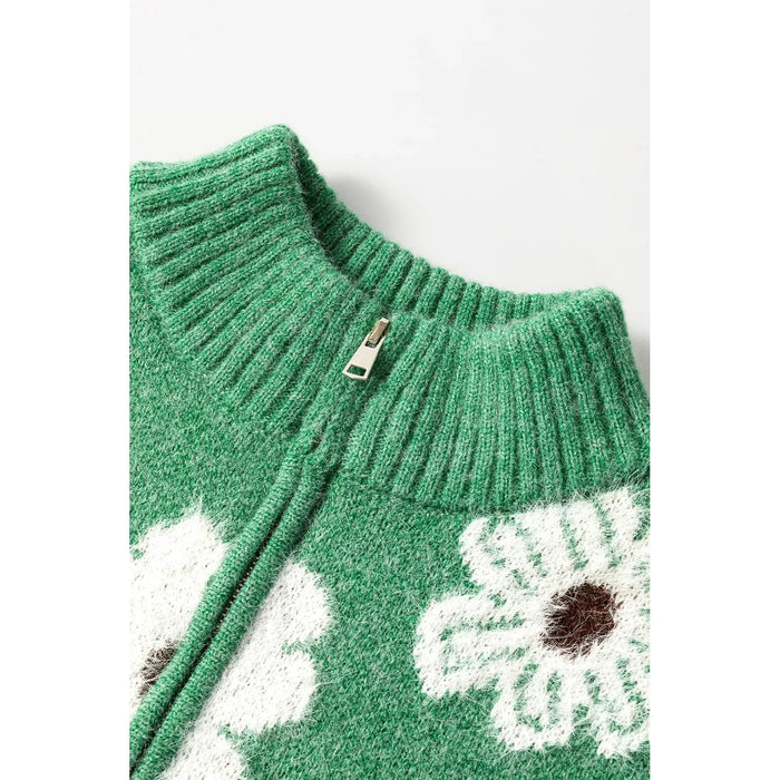 Green Floral Pattern Half Zip Drop Shoulder Sweater