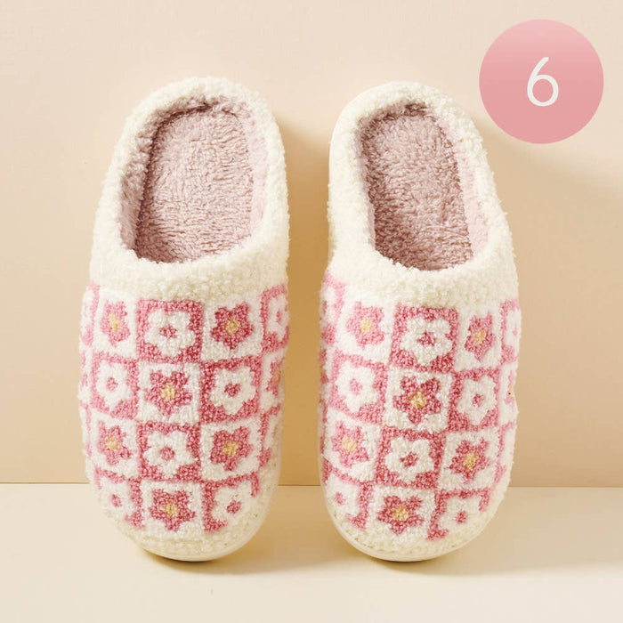 6Pairs - Floral Fuzzy Home Slippers