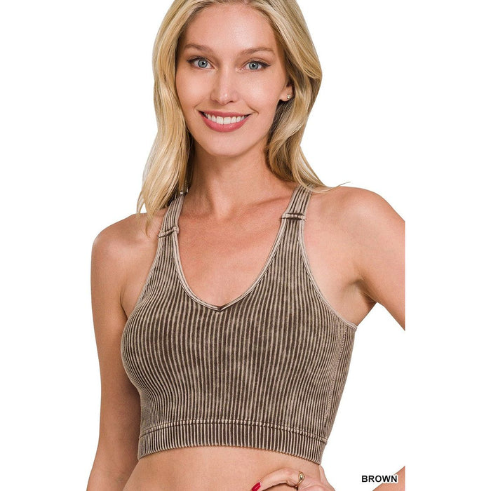 Washed Ribbed Cropped Bra Padded Tank Top