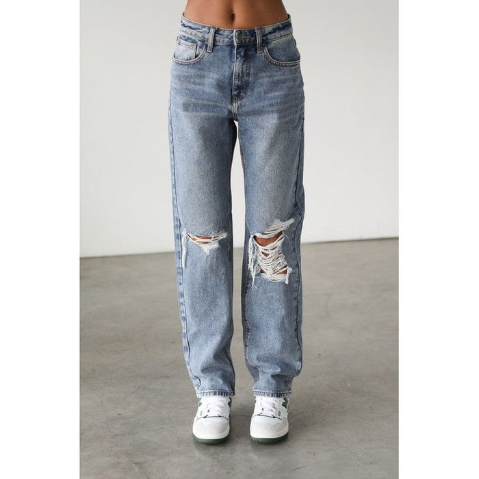 Distressed Straight Leg Denim Jeans