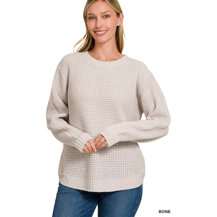 Hi-low Long Sleeve Round Neck Waffle Sweater