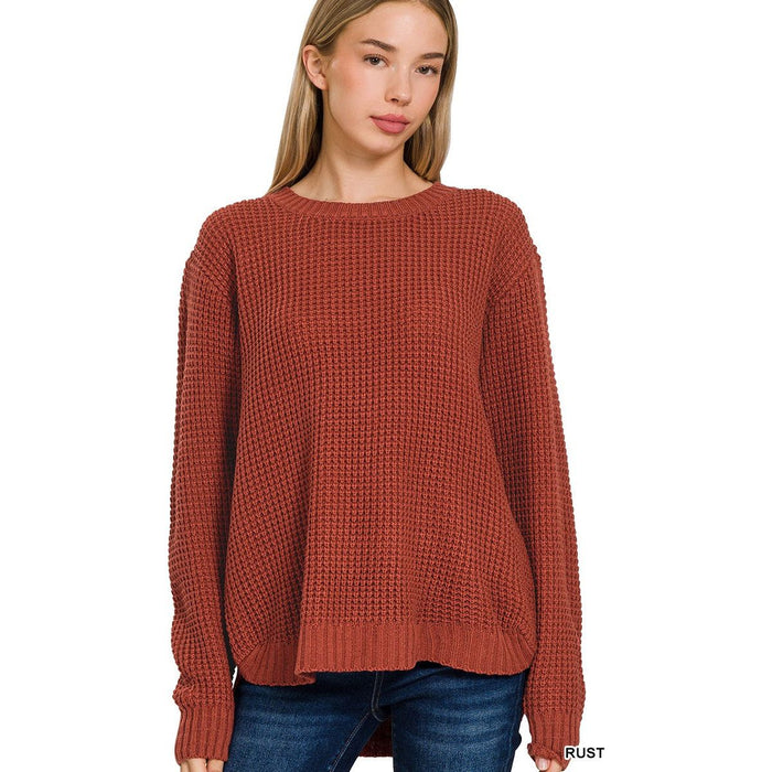 Hi-low Long Sleeve Round Neck Waffle Sweater