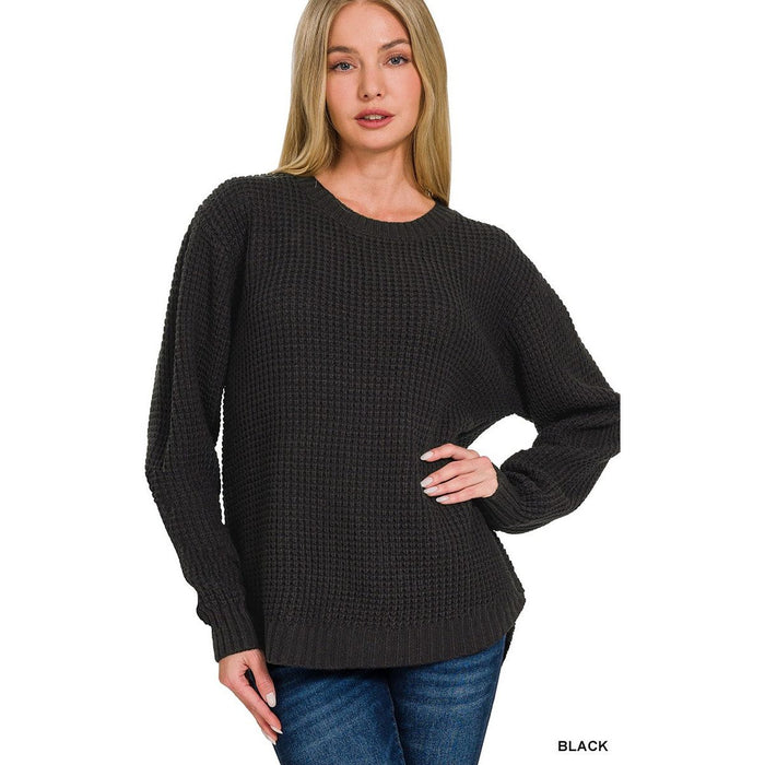 Hi-low Long Sleeve Round Neck Waffle Sweater