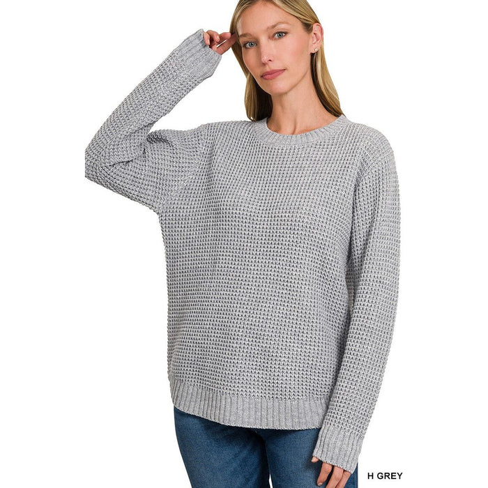 Hi-low Long Sleeve Round Neck Waffle Sweater