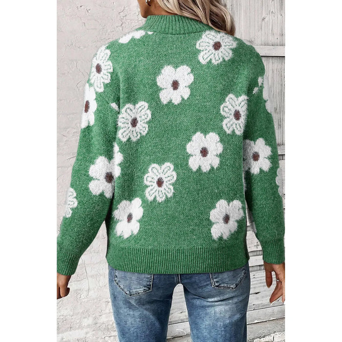 Green Floral Pattern Half Zip Drop Shoulder Sweater