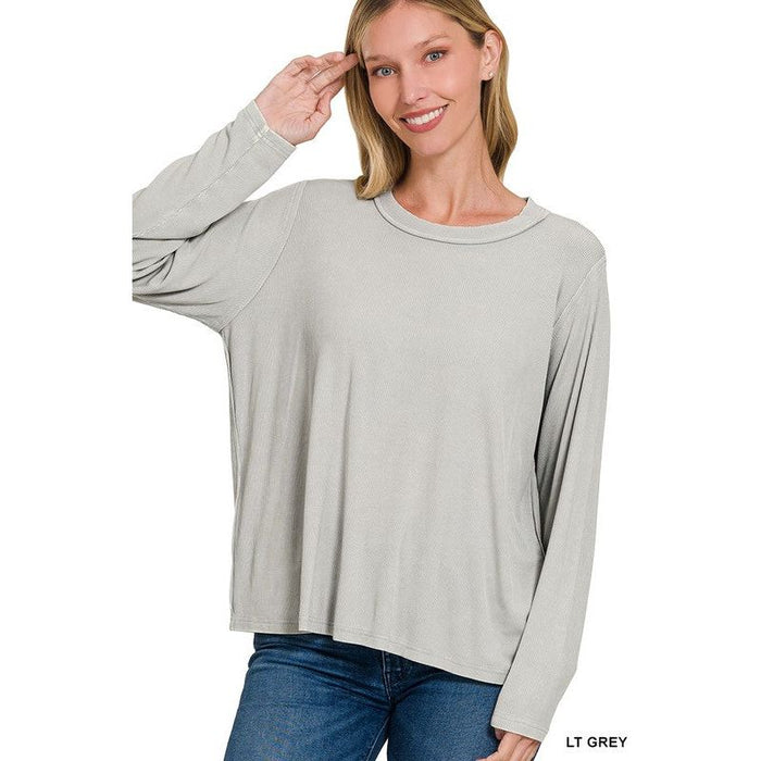 Washed Ribbed Scoop Neck Long Sleeve