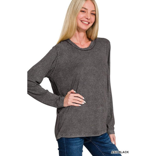 Washed Ribbed Scoop Neck Long Sleeve