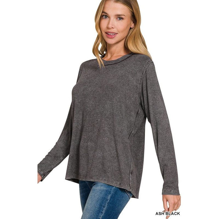 Washed Ribbed Scoop Neck Long Sleeve