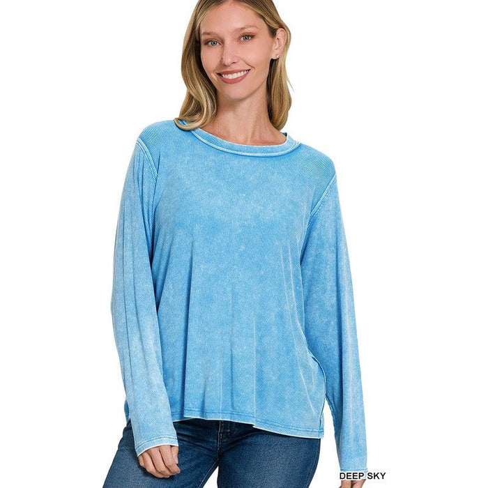 Washed Ribbed Scoop Neck Long Sleeve