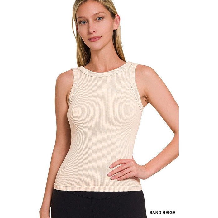 2 Way Neckline Washed Ribbed Cropped Tank Top