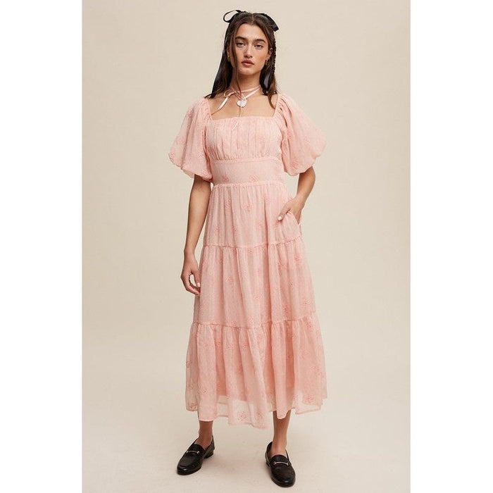 Flower Embroidered Puff Sleeve Tiered Maxi Dress