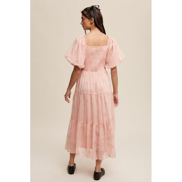 Flower Embroidered Puff Sleeve Tiered Maxi Dress