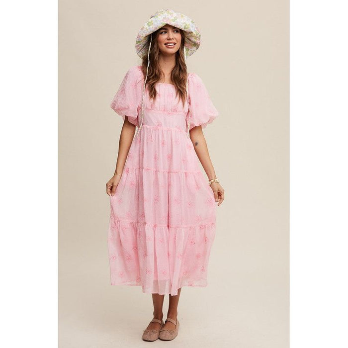 Flower Embroidered Puff Sleeve Tiered Maxi Dress