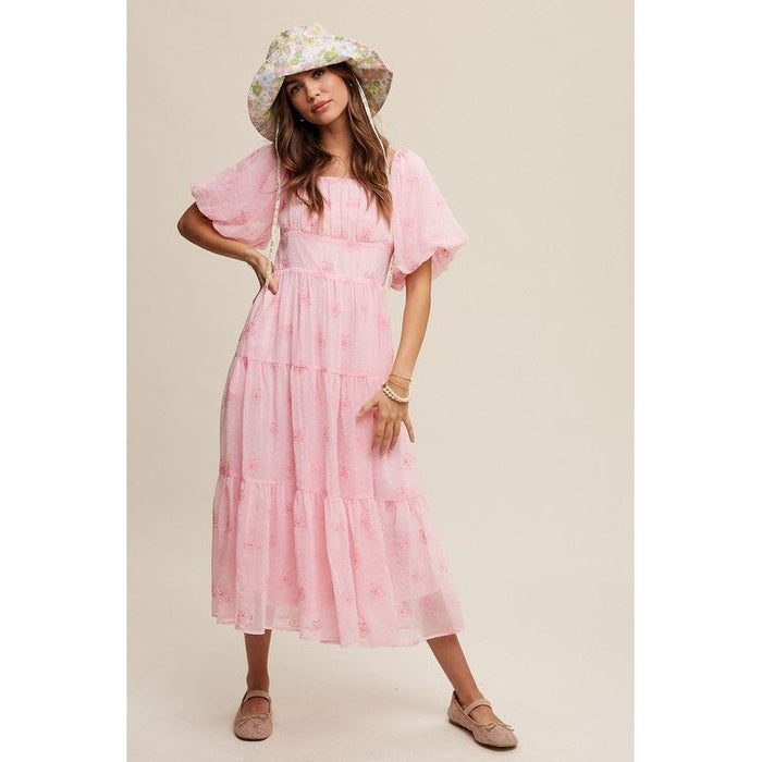 Flower Embroidered Puff Sleeve Tiered Maxi Dress