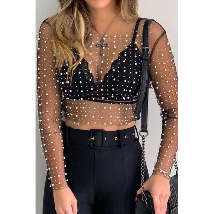 Rhinestone Faux Pearl Mesh Top