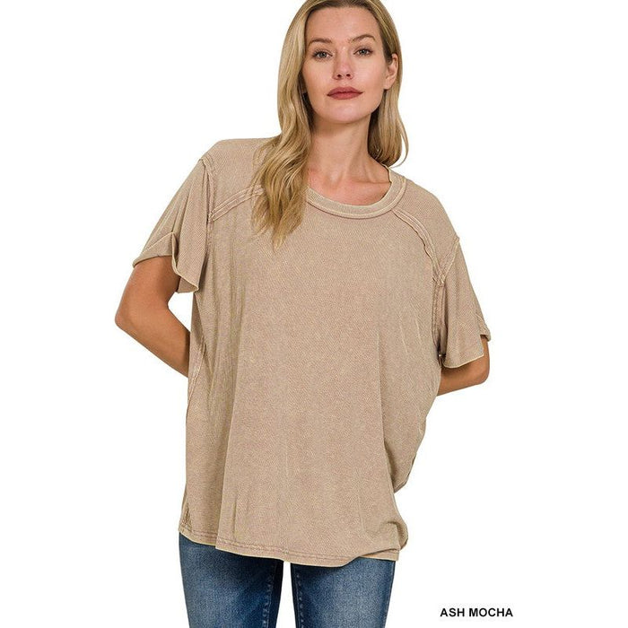 Washed Ribbed Short Sleeve Boat-neck Top