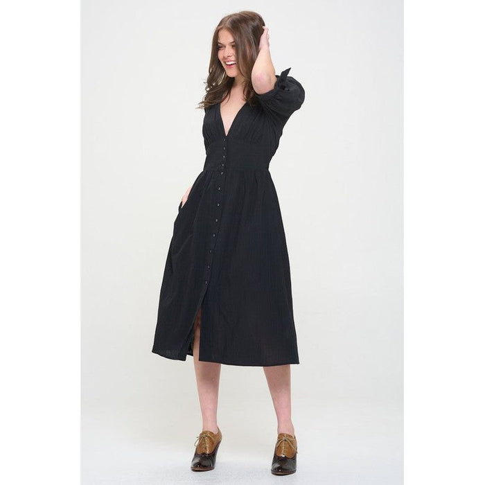 3/4 PUFF SLV TEXTURE VNECK BUTTON DOWN MIDI DRESS