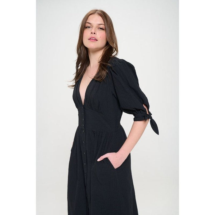 3/4 PUFF SLV TEXTURE VNECK BUTTON DOWN MIDI DRESS