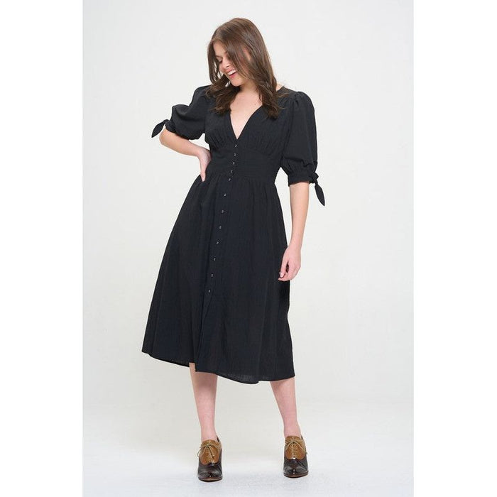 3/4 PUFF SLV TEXTURE VNECK BUTTON DOWN MIDI DRESS