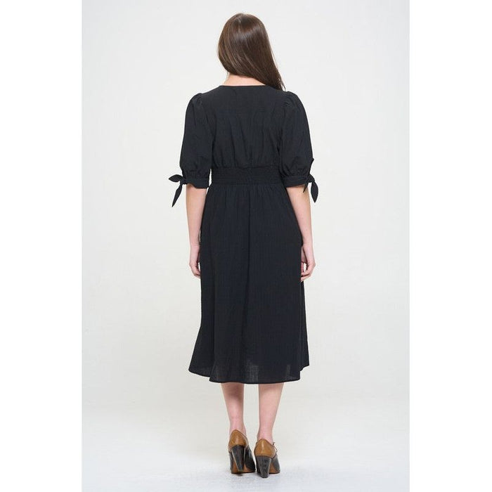 3/4 PUFF SLV TEXTURE VNECK BUTTON DOWN MIDI DRESS