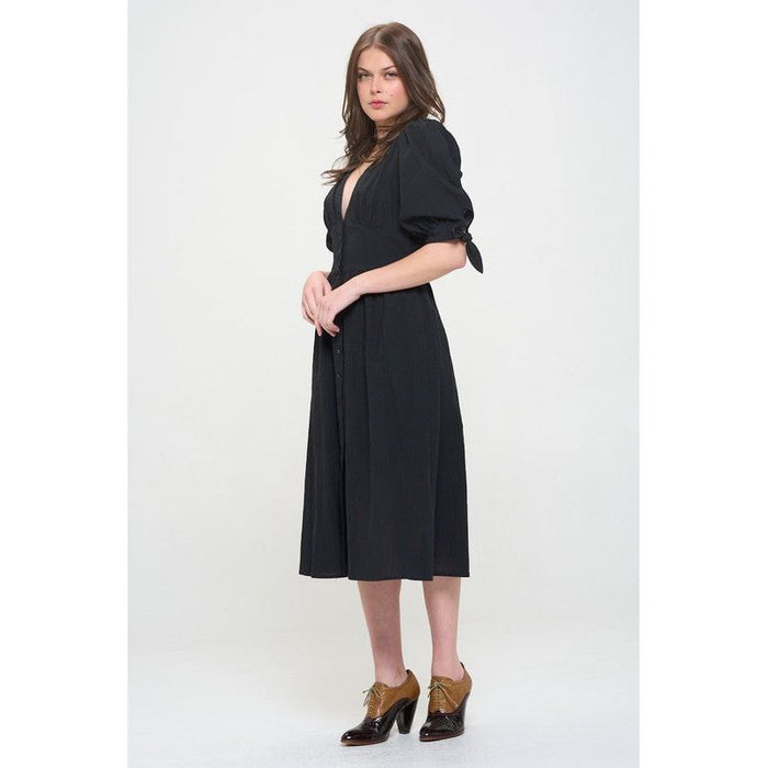 3/4 PUFF SLV TEXTURE VNECK BUTTON DOWN MIDI DRESS