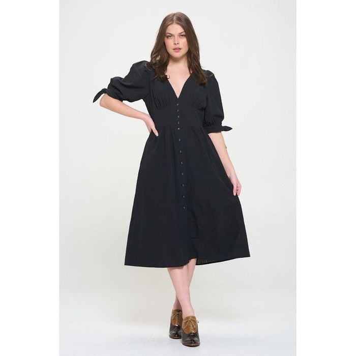 3/4 PUFF SLV TEXTURE VNECK BUTTON DOWN MIDI DRESS