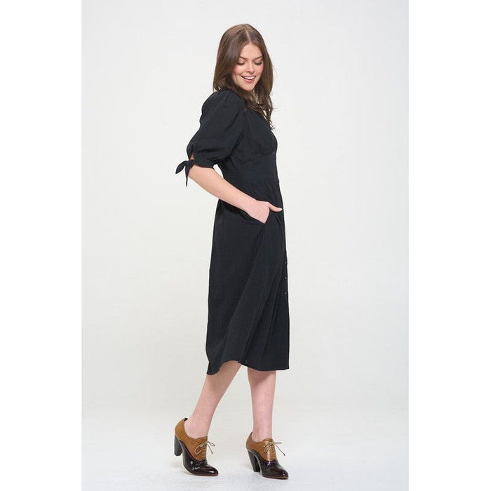 3/4 PUFF SLV TEXTURE VNECK BUTTON DOWN MIDI DRESS