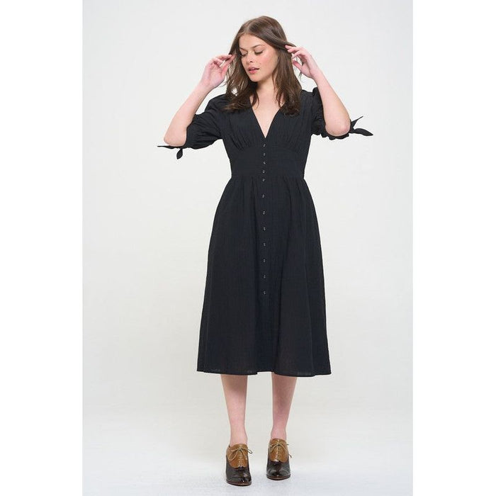 3/4 PUFF SLV TEXTURE VNECK BUTTON DOWN MIDI DRESS