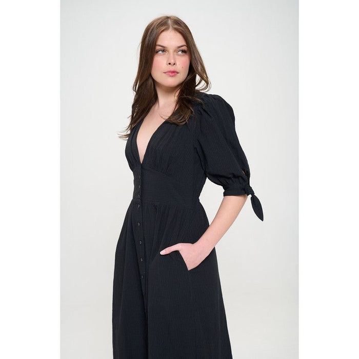 3/4 PUFF SLV TEXTURE VNECK BUTTON DOWN MIDI DRESS