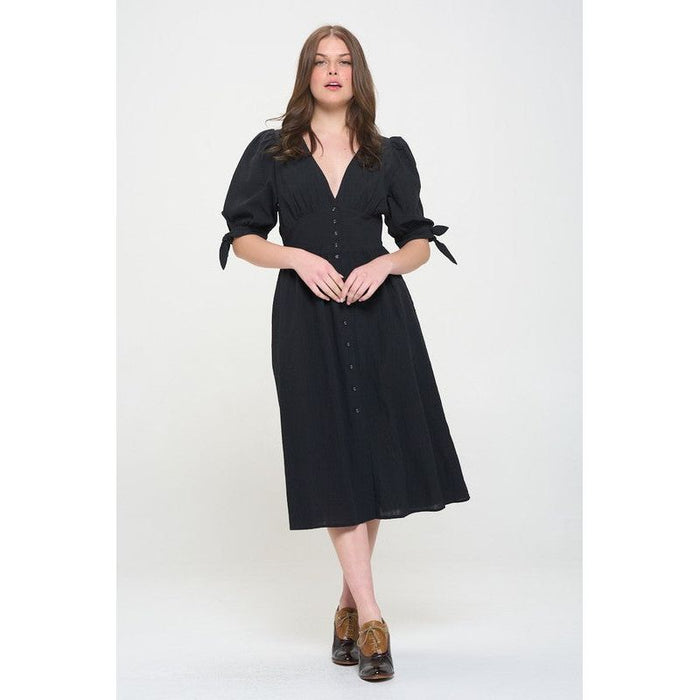 3/4 PUFF SLV TEXTURE VNECK BUTTON DOWN MIDI DRESS