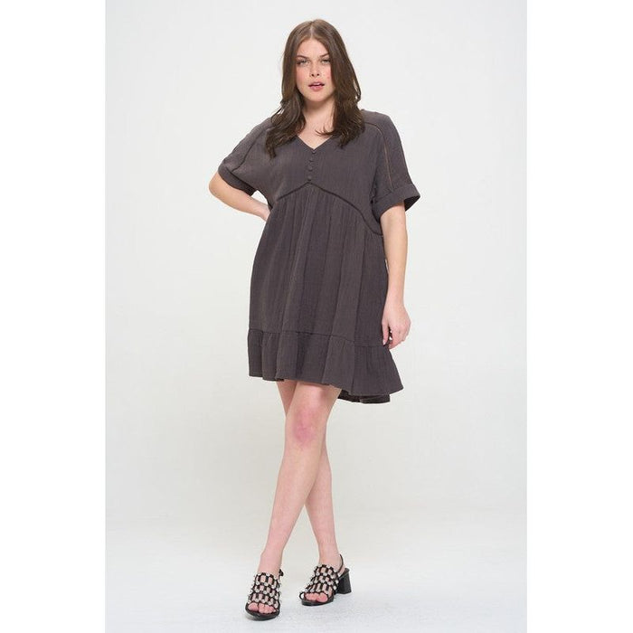 PLUS SIZE SHORT SLV BUTTON DOWN V-NECK SHORT DRESS