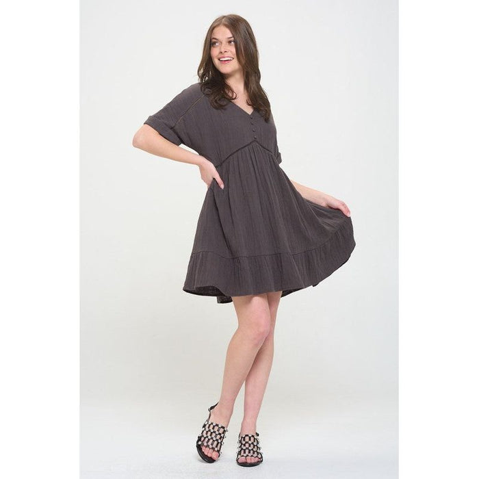 TEXTURED SHORT SLV BUTTON DOWN V-NECK SHORT DRESS