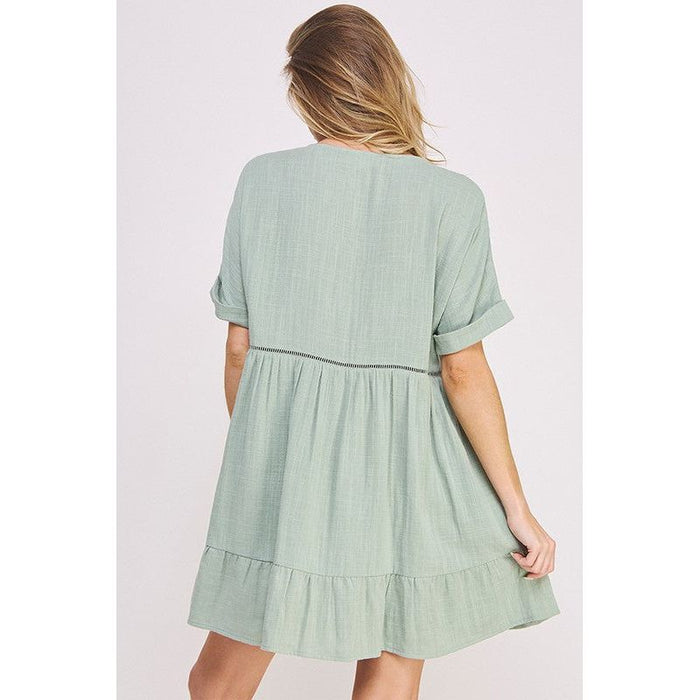 PLUS SIZE SHORT SLV BUTTON DOWN V-NECK SHORT DRESS