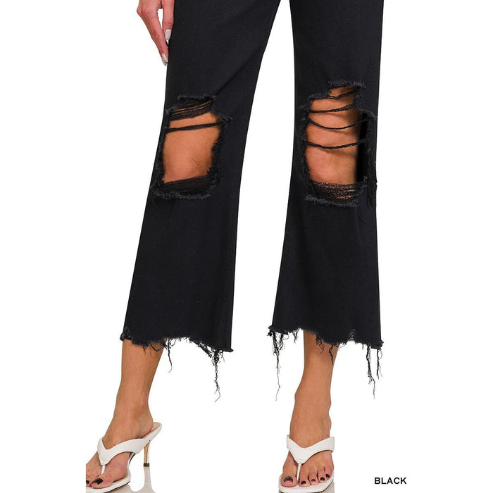 Distressed Knee Flare Crop High-waist Pants