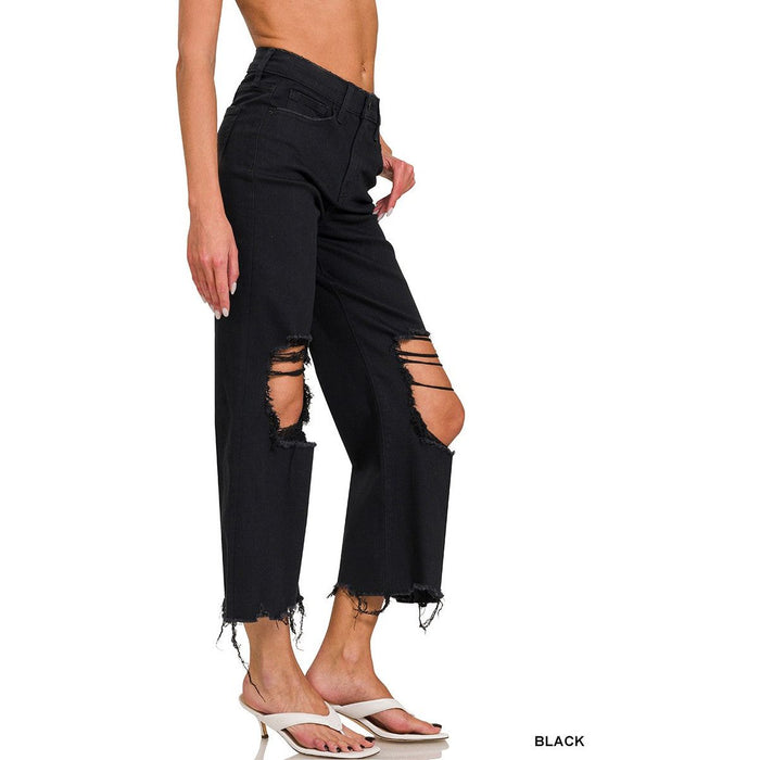 Distressed Knee Flare Crop High-waist Pants