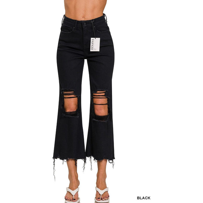 Distressed Knee Flare Crop High-waist Pants