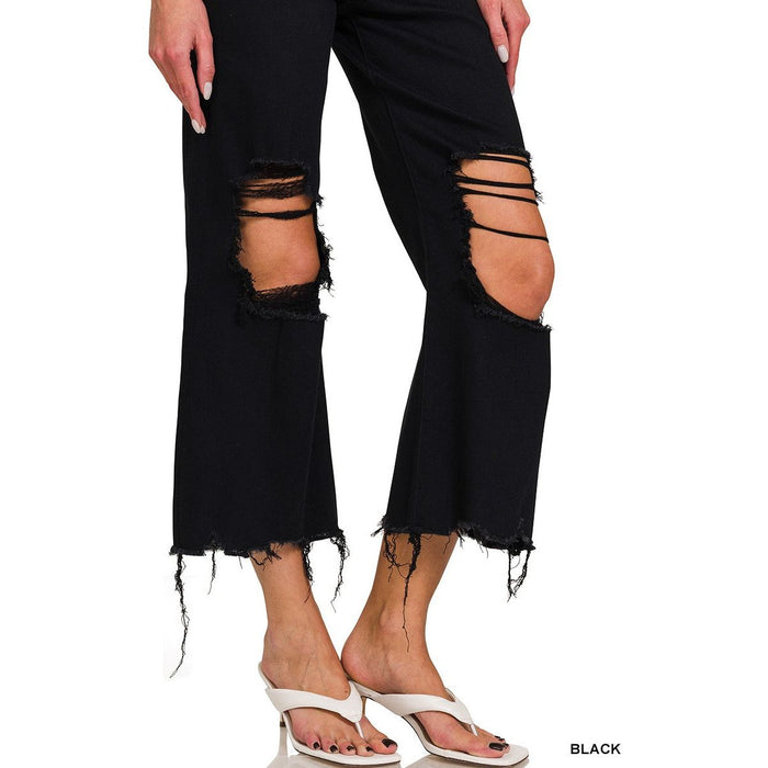 Distressed Knee Flare Crop High-waist Pants