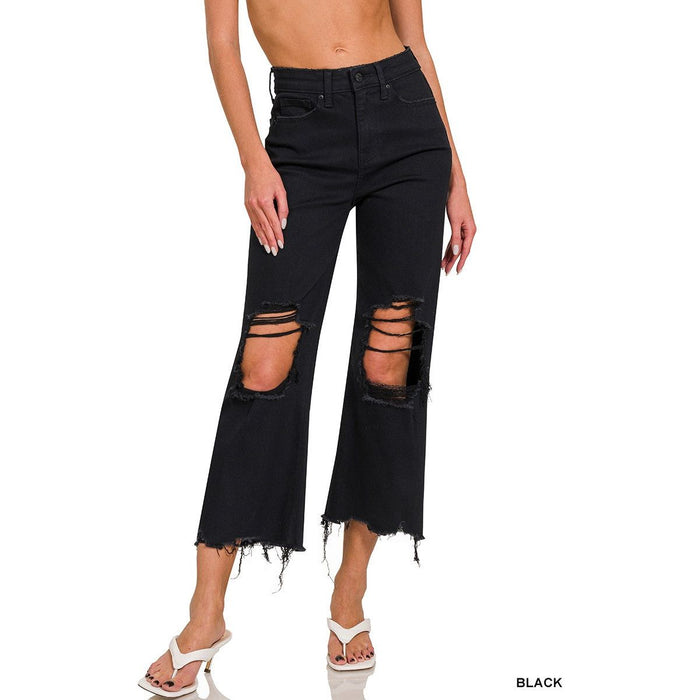 Distressed Knee Flare Crop High-waist Pants