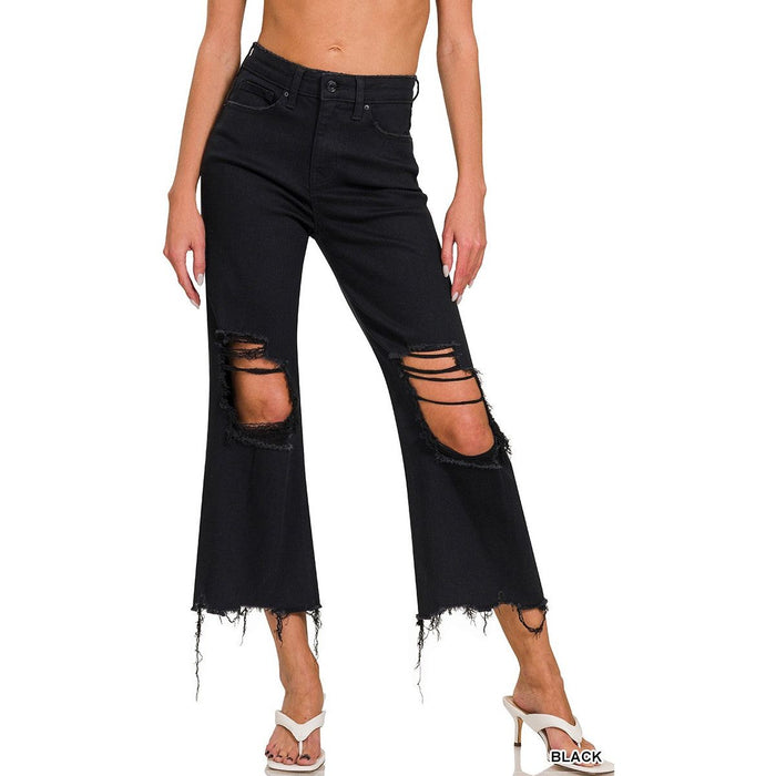 Distressed Knee Flare Crop High-waist Pants