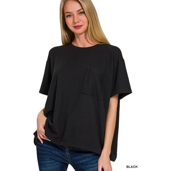 Corded Rib Short Sleeve Front Pocket Top