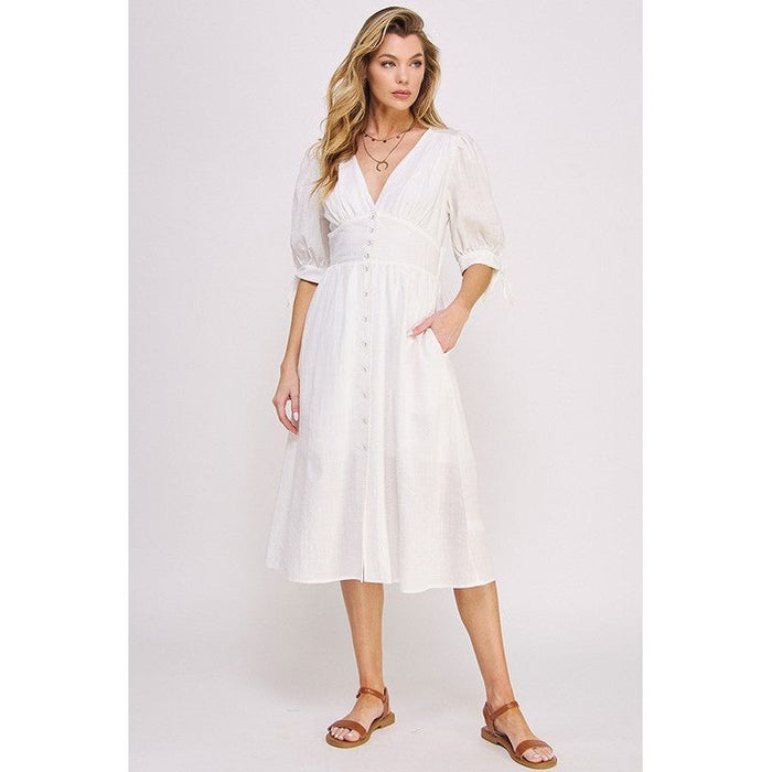 3/4 PUFF SLV TEXTURE VNECK BUTTON DOWN MIDI DRESS