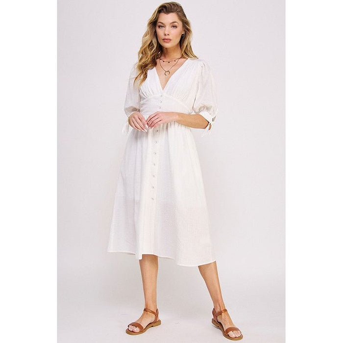 3/4 PUFF SLV TEXTURE VNECK BUTTON DOWN MIDI DRESS