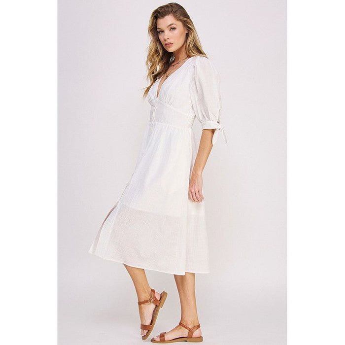 3/4 PUFF SLV TEXTURE VNECK BUTTON DOWN MIDI DRESS