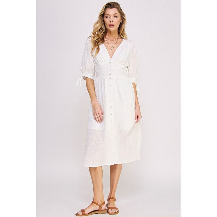 3/4 PUFF SLV TEXTURE VNECK BUTTON DOWN MIDI DRESS